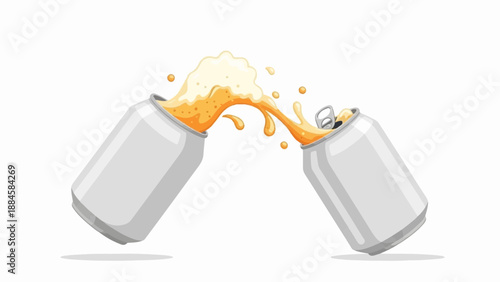 Two open cans splashing golden fizzy liquid and foam on a white background