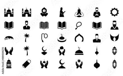 A collection of Islamic symbols and elements like mosques people praying the Quran and traditional cultural representations in black silhouettes high-quality professional.
