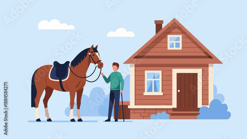 Person with horse near rustic house and clouds