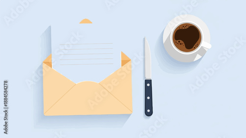 Open envelope with letter, cup of coffee, and knife on light blue background