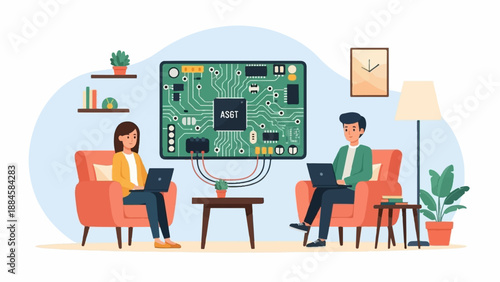 Two people in cozy chairs use laptops near a large circuit board