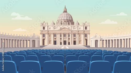 Rows of blue seats face a grand, domed building in a public square