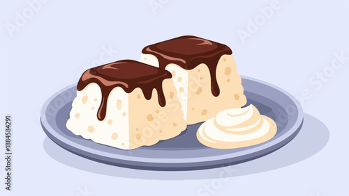 Two square desserts topped with chocolate sauce served with whipped cream