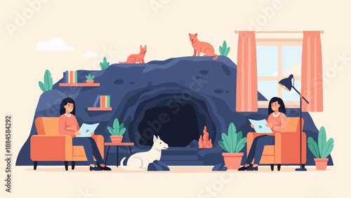 Two people relaxing with pets in a cozy indoor/outdoor setting with books