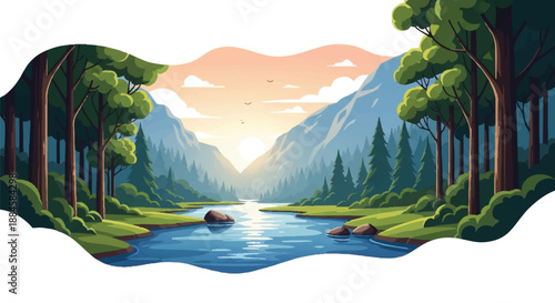 Serene river valley illustration with a winding watercourse through a forested mountain landscape at sunrise with warm tones.
