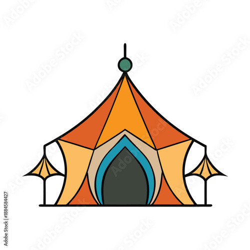 A vibrant abstract Islamic tent with geometric patterns, flowing shapes, and rich colors, evoking culture, tradition, and a sense of mystique and elegance.

