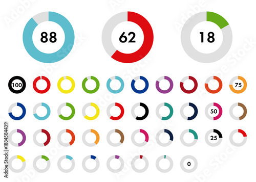 Multicolor Circular Progress Bar Set 0-100% / カラフルな円グラフ・インジケーターセット（全色・約3%刻み）・進捗バー・ビジネス資料・UIデザイン・ベクター素材