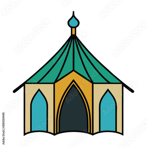 A vibrant abstract Islamic tent with geometric patterns, flowing shapes, and rich colors, evoking culture, tradition, and a sense of mystique and elegance.
