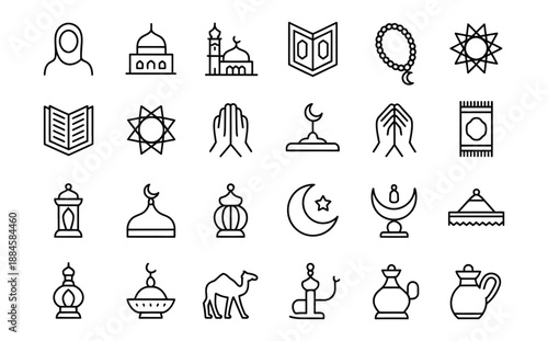 A collection of minimalist Islamic icons depicting religious symbols like mosques the Quran a crescent moon and traditional cultural objects in black lines.