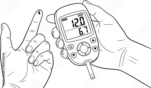 Blood glucose meter, diabetes check, finger prick, sugar level test, medical device, health monitoring, digital screen, test strip, cartoon style