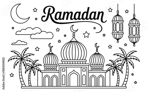 A delicate black and white illustration showcases Ramadan greetings with a crescent moon mosque lanterns palm trees and decorative stars symbolizing Islamic tradition.