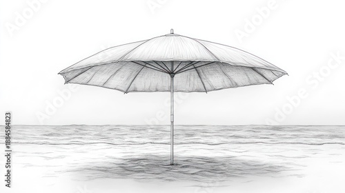 Beach Umbrella Drawing, Ocean Seascape, Pencil Sketch, Relaxation