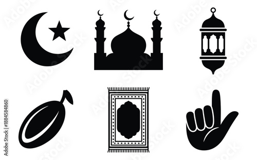 A collection of Islamic symbols including a crescent moon star mosque lantern date prayer rug and hand gesture illustrations in black high-quality.