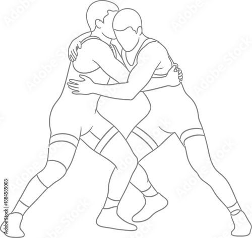 Line art illustration depicting two athletes locked in a close grappling stance during a competitive wrestling match symbolizing intense physical struggle and close combat sports technique practice