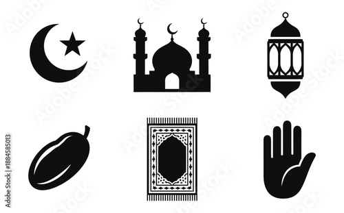 A collection of Islamic symbols including a crescent moon star mosque lantern date prayer rug and hand gesture illustrations in black high-quality.