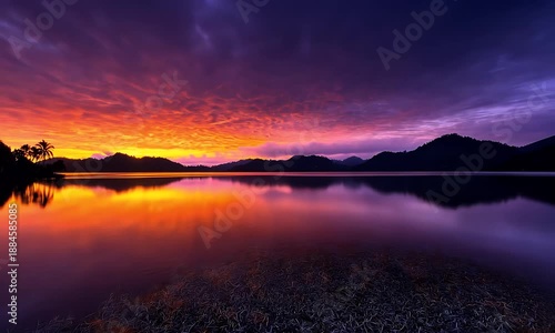 Majestic sunset panorama reflecting on tranquil lake surface with vibrant gradient skies