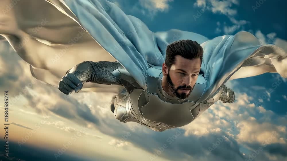 custom made wallpaper toronto digitalPowerful male superhero soaring through dramatic cloudy sky with flowing cape in cinematic action pose