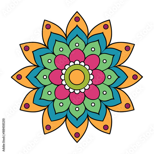 A vibrant henna mandala bursts with intricate patterns and swirling shapes, blending warm earthy tones and colorful accents for a mesmerizing, artistic design.
