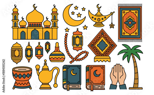 A colorful illustration depicts Islamic cultural elements including a mosque crescent moon lantern prayer rug and traditional objects showcasing a rich heritage.