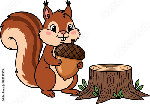 Cute Cartoon Squirrel Holding Acorn Next to Tree Stump Isolated on White Background