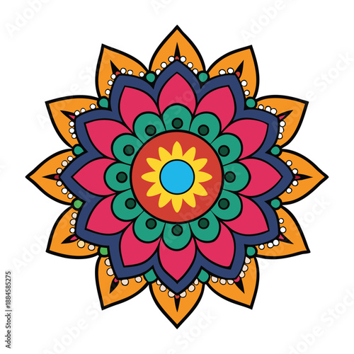 A vibrant henna mandala bursts with intricate patterns and swirling shapes, blending warm earthy tones and colorful accents for a mesmerizing, artistic design.
