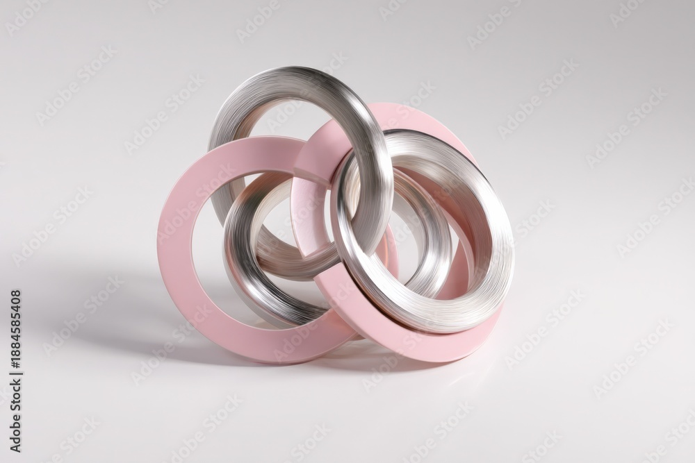 Fototapeta premium Abstract metallic and pink interlocking rings sculpture on white background