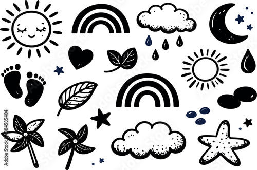 Whimsical kids doodle collection of sun moon clouds rainbows and starfish icons scattered flat vector cheerful hand drawn playful set