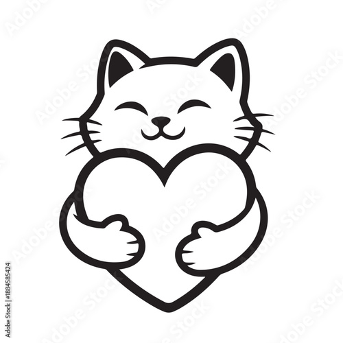 Cute Black and White Cat Holding Heart Vector Illustration
