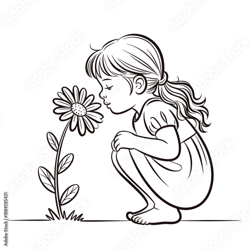 A young girl delicately smelling a large daisy in a garden