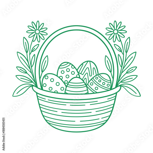 Green line art illustration of an easter basket with decorated eggs