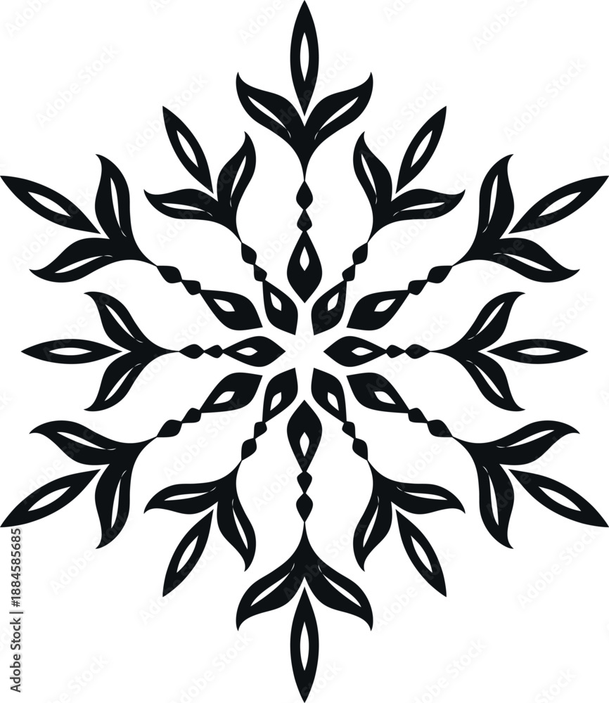 Naklejka premium Snowflake vector icon, minimalist winter floral ornament, mandala element for Christmas card design, black isolated snowflake on white background, symmetrical folk art style