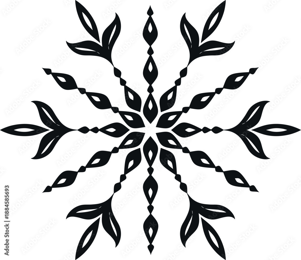 Naklejka premium Snowflake vector icon, minimalist winter floral ornament, mandala element for Christmas card design, black isolated snowflake on white background, symmetrical folk art style