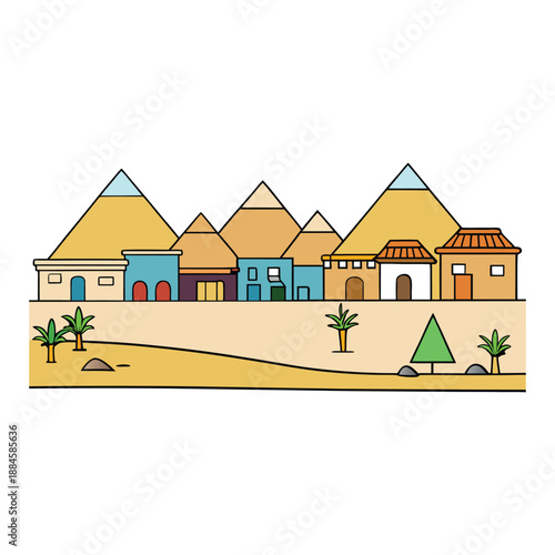 A traditional Egyptian house with flat roofs, sunlit courtyards, clay walls, colorful doors, and vibrant fabrics reflecting local culture and timeless charm.
