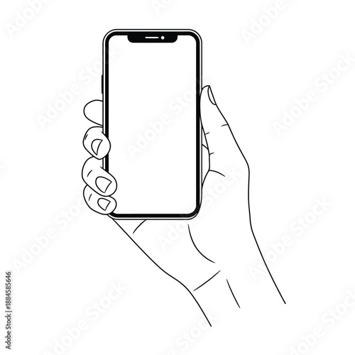 Hand holding a smartphone with a blank screen sketch illustration