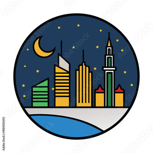 Dubai dazzles at night with sparkling skyscrapers, glowing lights, and vibrant streets, reflecting luxury and modernity against a starlit desert sky.
