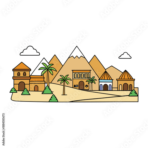 A traditional Egyptian house with flat roofs, sunlit courtyards, clay walls, colorful doors, and vibrant fabrics reflecting local culture and timeless charm.
