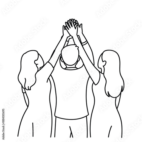 A group of people with hands raised together in unity