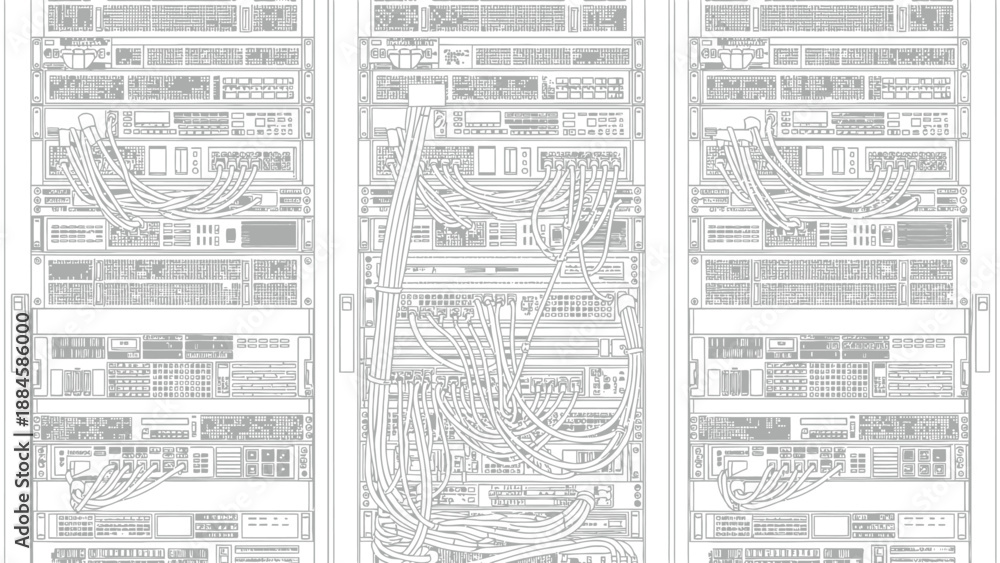 Obraz premium Detailed line art illustration of a server rack filled with electronic networking equipment and numerous tangled cables creating a complex abstract pattern of modern data infrastructure.