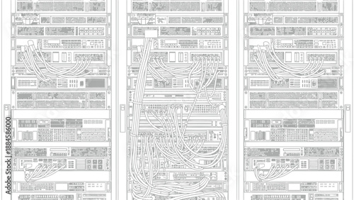 Detailed line art illustration of a server rack filled with electronic networking equipment and numerous tangled cables creating a complex abstract pattern of modern data infrastructure.