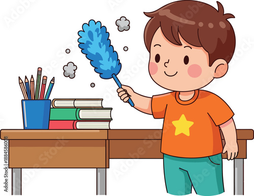 Cartoon, child, cleaning, desk, feather duster, illustration, vector, character, responsibility, cleanliness, smiling, orange shirt, teal pants, books, pencils, dust, action, 