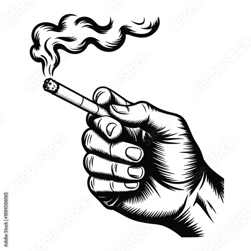 A hand holding a lit cigarette with swirling smoke rising upwards