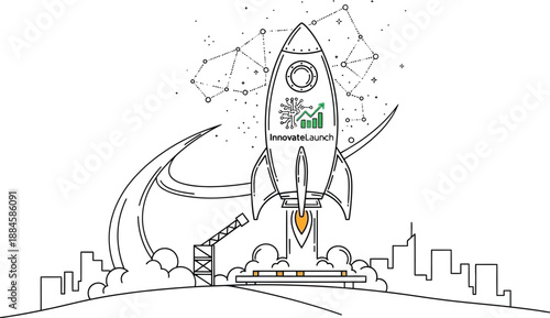 Outline illustration depicting a stylized rocket launch soaring above a simplified city skyline symbolizing rapid business growth and technological innovation beginning its journey toward the stars.