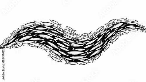 School of small fish swimming in a wave formation.