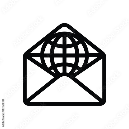 Simple black and white icon of an envelope with a globe inside