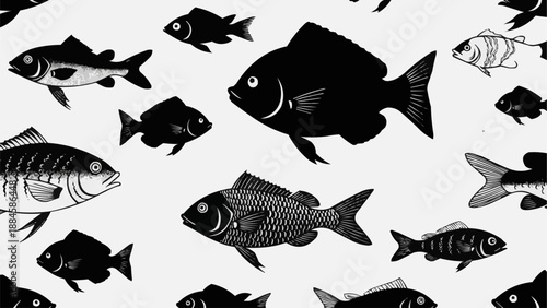 Seamless pattern of various black and white fish illustrations.