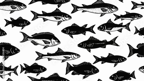 Seamless pattern of various fish illustrations on white background.
