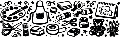 Hand drawn doodle craft supplies banner showing apron palette scissors glue tape sketchbook teddy and brushes in playful line art