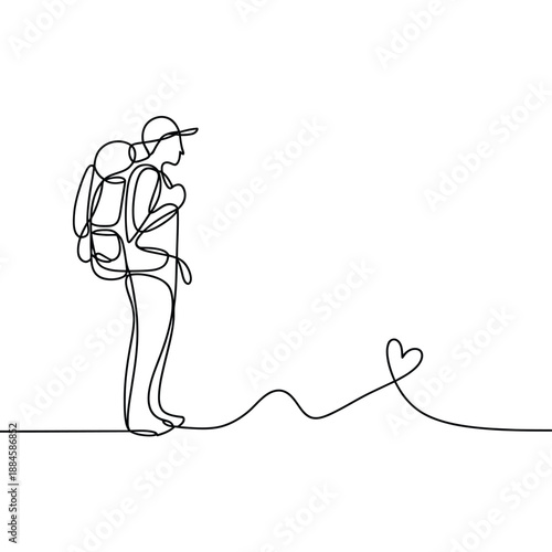 Father carrying child on back with a heart line drawing