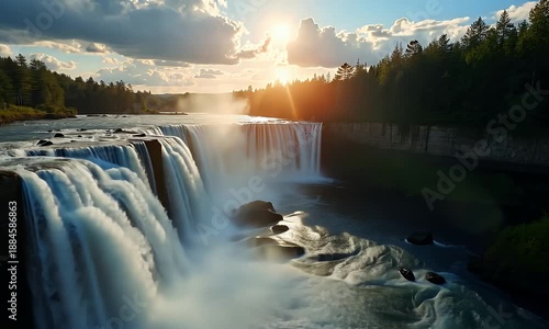 Majestic Waterfall Cascade Flowing Under the Golden Sunlight of a Scenic Natural Environment
