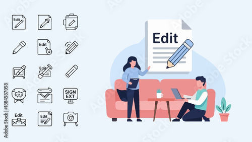 People editing documents on computers and mobile devices in a modern setting